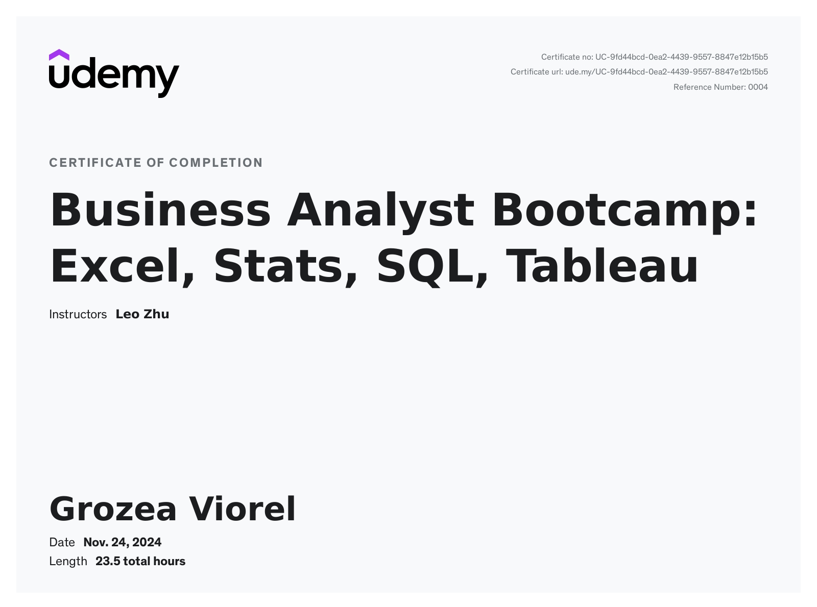 Excel Stats SQL Tableau Certificate